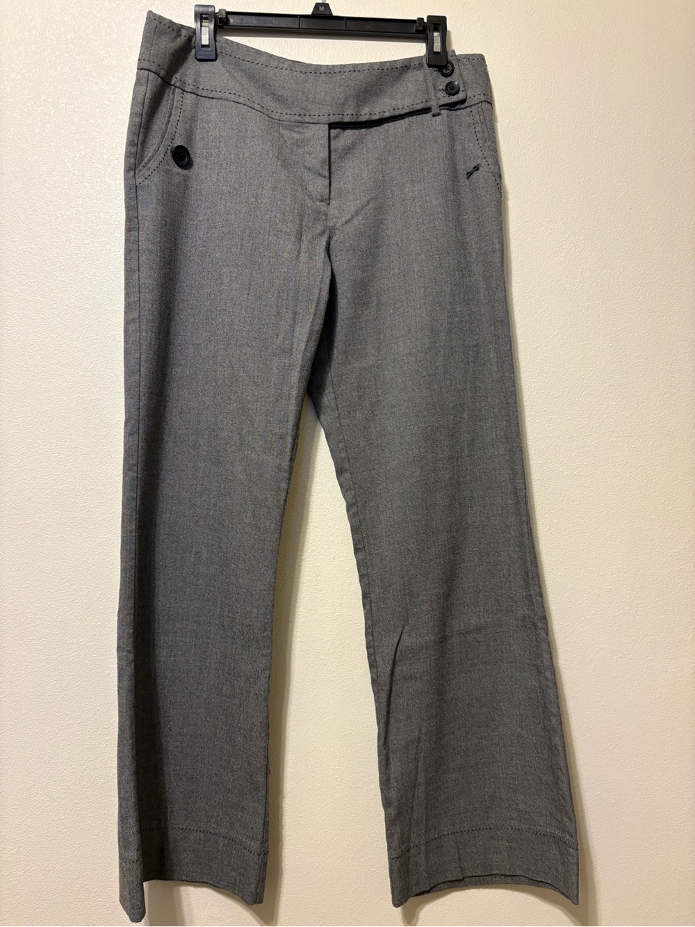 Tracy Evans Slate Gray Straight-Leg Pants left pocket button is missing.